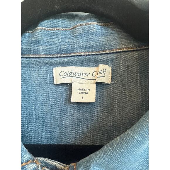 Coldwater Creek Stretchy Blue Jean Jacket with Pink/Purple Watercolor Flowers - Picture 2 of 8